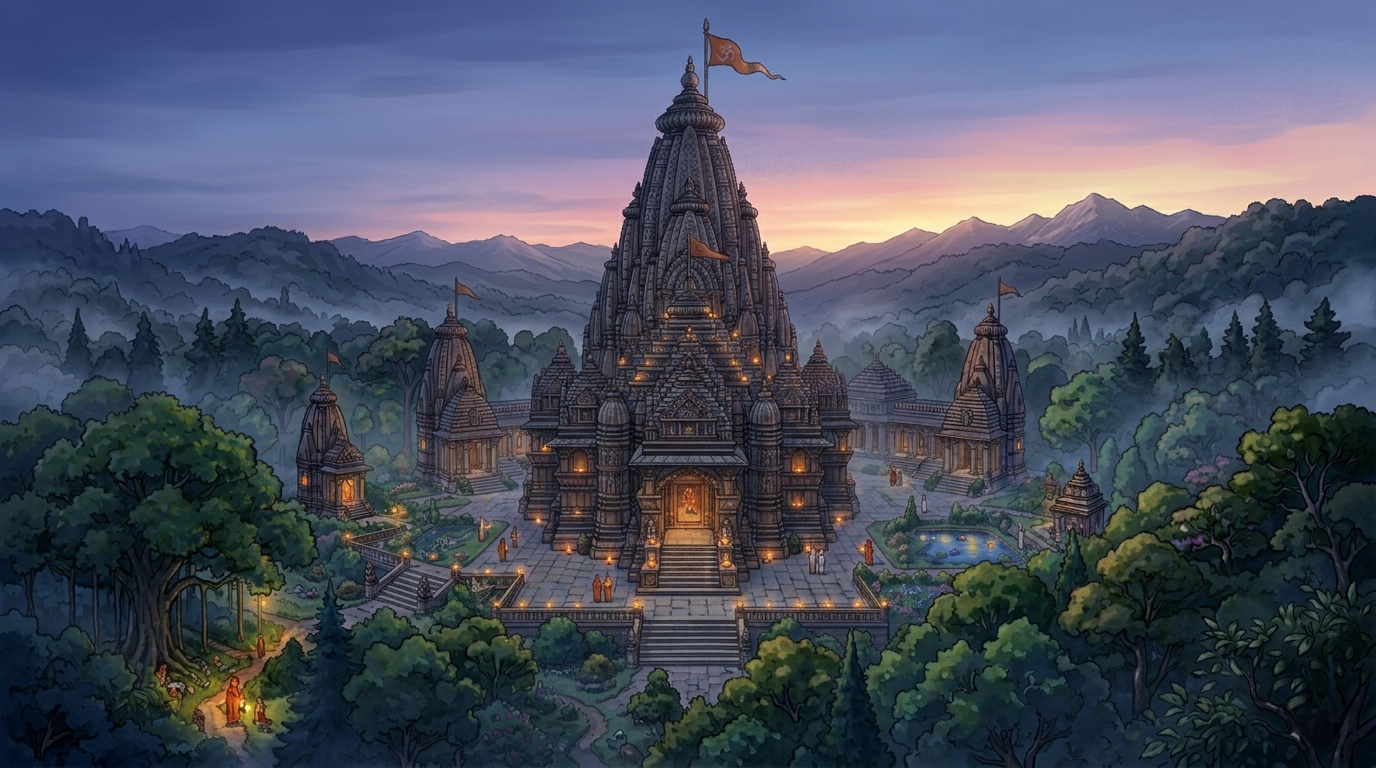 Rishi meditating on a hillside at sunrise with ancient temple