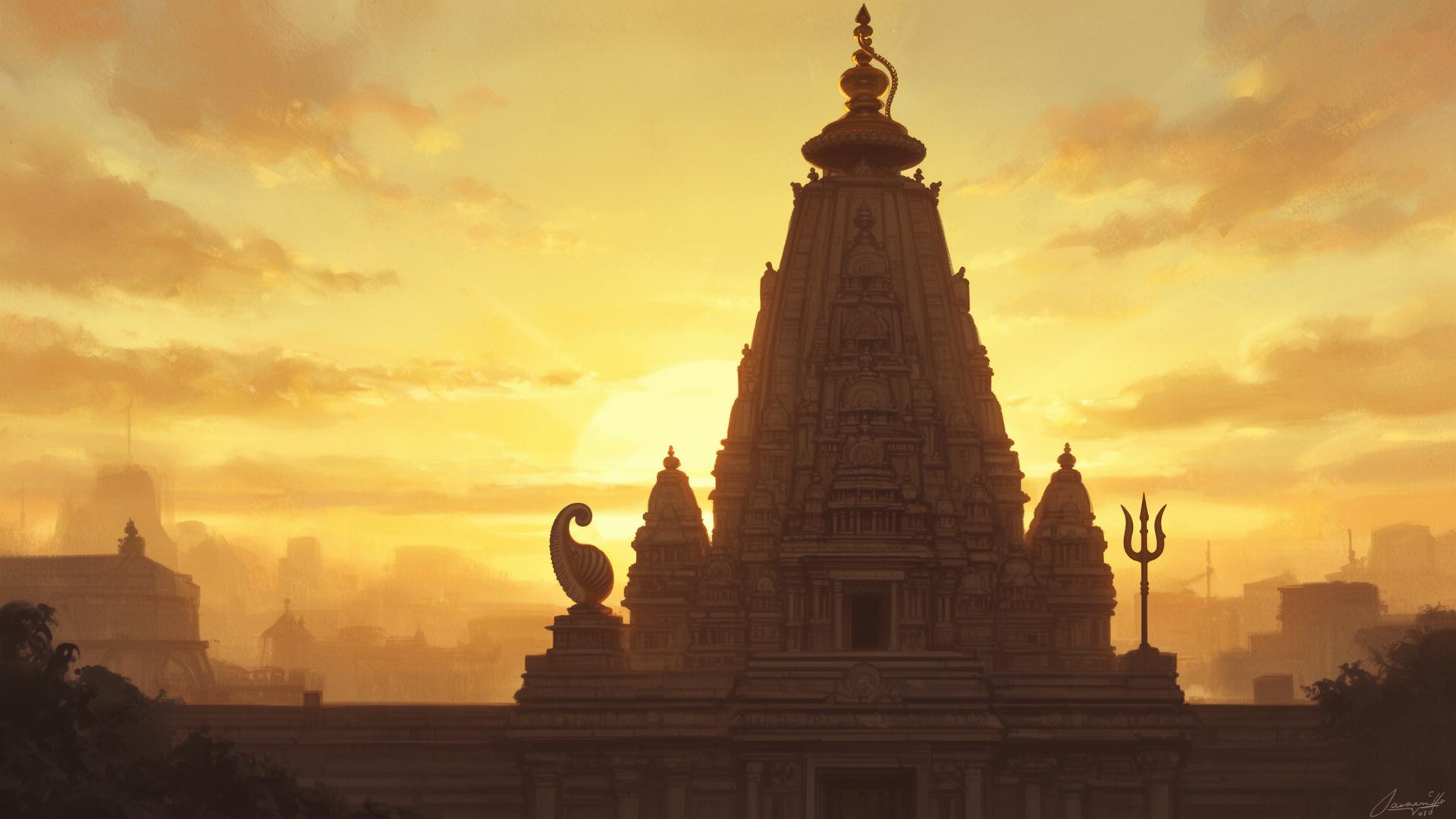 Ancient temple shikhara at sunrise